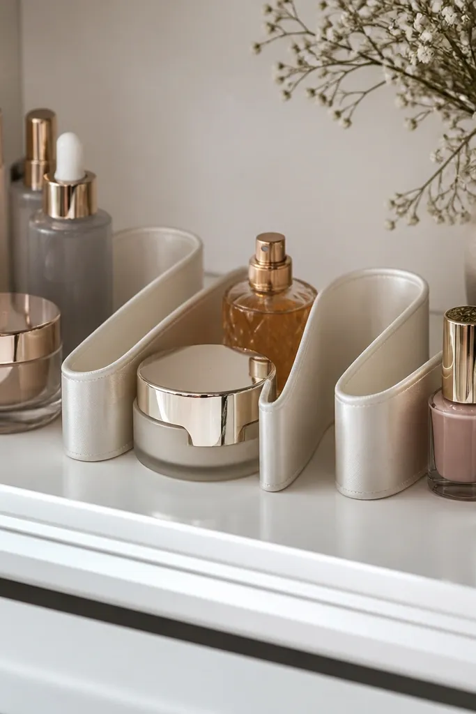 Vanity shelf with folded fabric dividers and small hidden clips