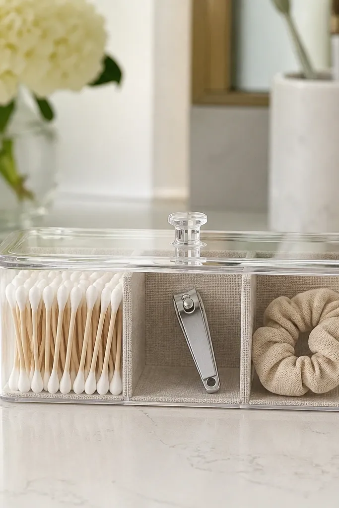 Clear caddy with small compartments and a hinged lid