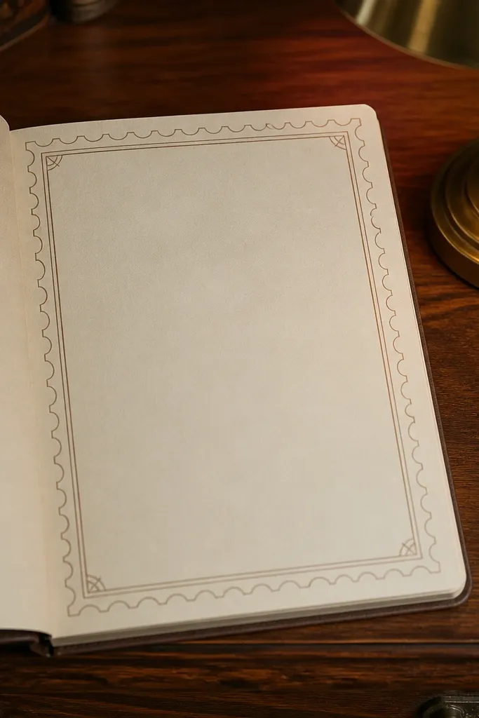 Cream paper with a sepia postage-stamp border and blank writing lines