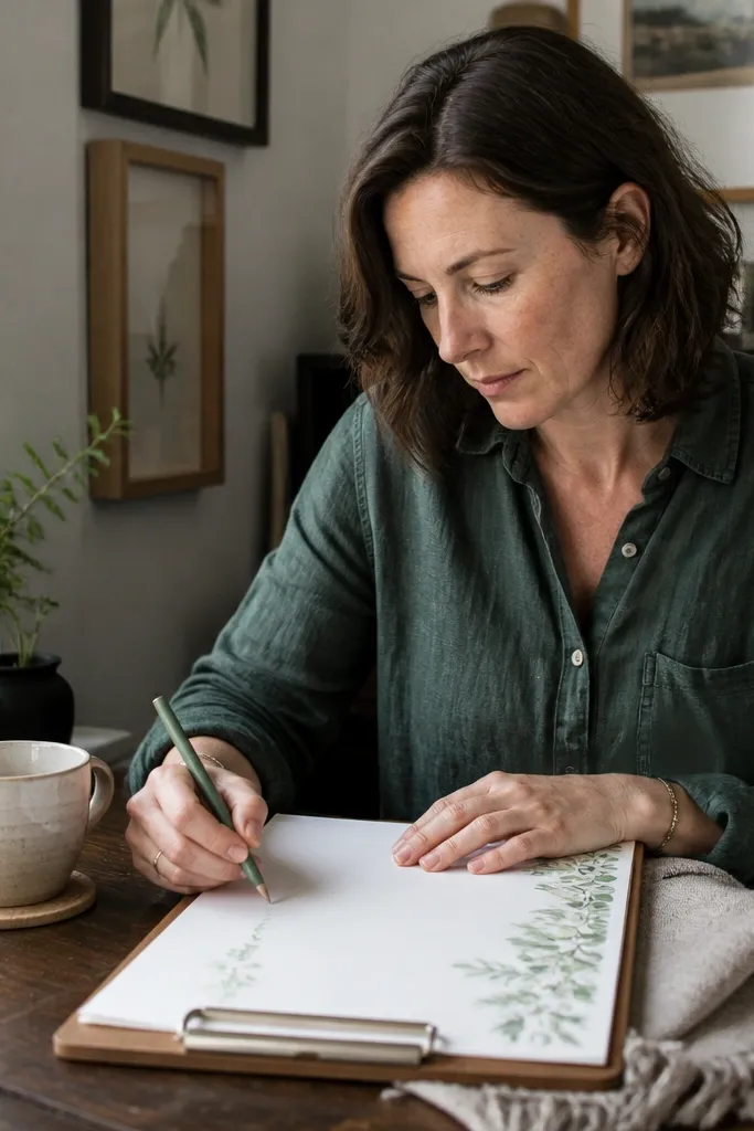 Cream paper with muted green botanical wash along the left margin and writing lines