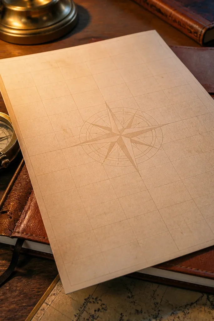 Ivory paper with a compass rose watermark and faint grid lines