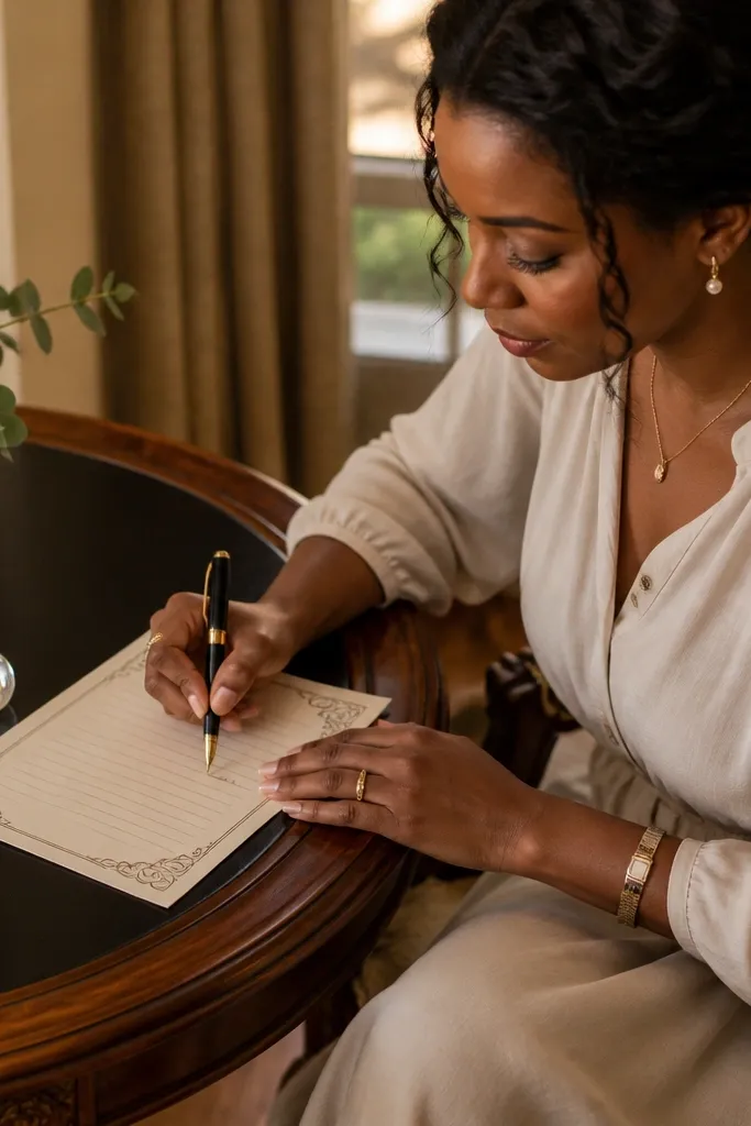 Cream paper with black corner scroll ornaments and lined writing space