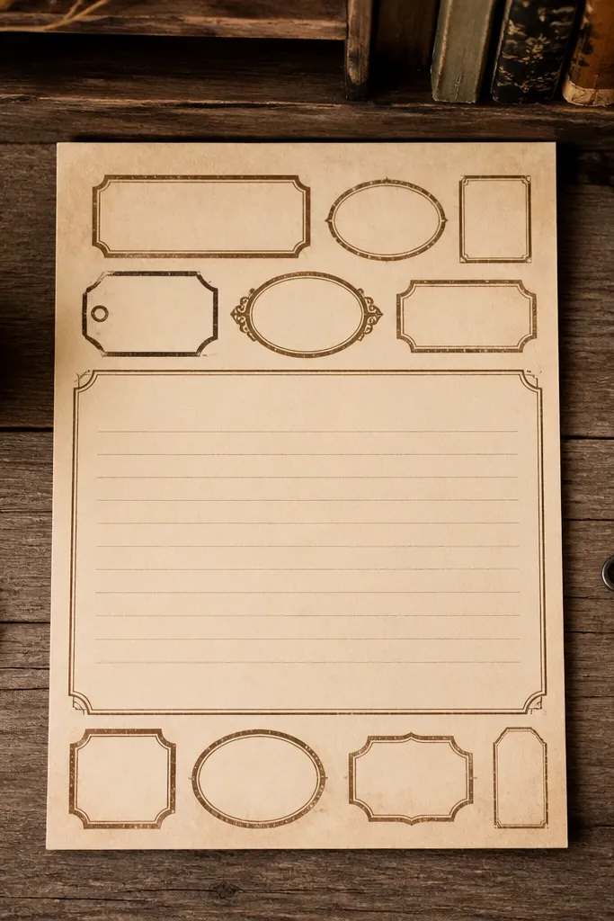 Parchment paper with stacked sepia text labels and blank note lines