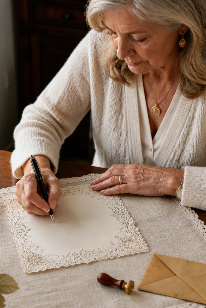 Cream paper with a lace-like border and blank lined center