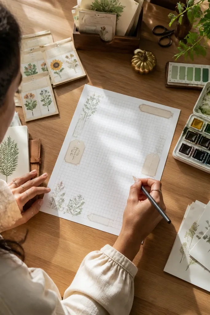 Cream paper with a faint blueprint grid and small botanical tags