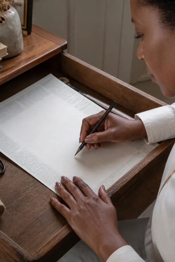 Ivory paper with faint newspaper column text blocks and writing lines