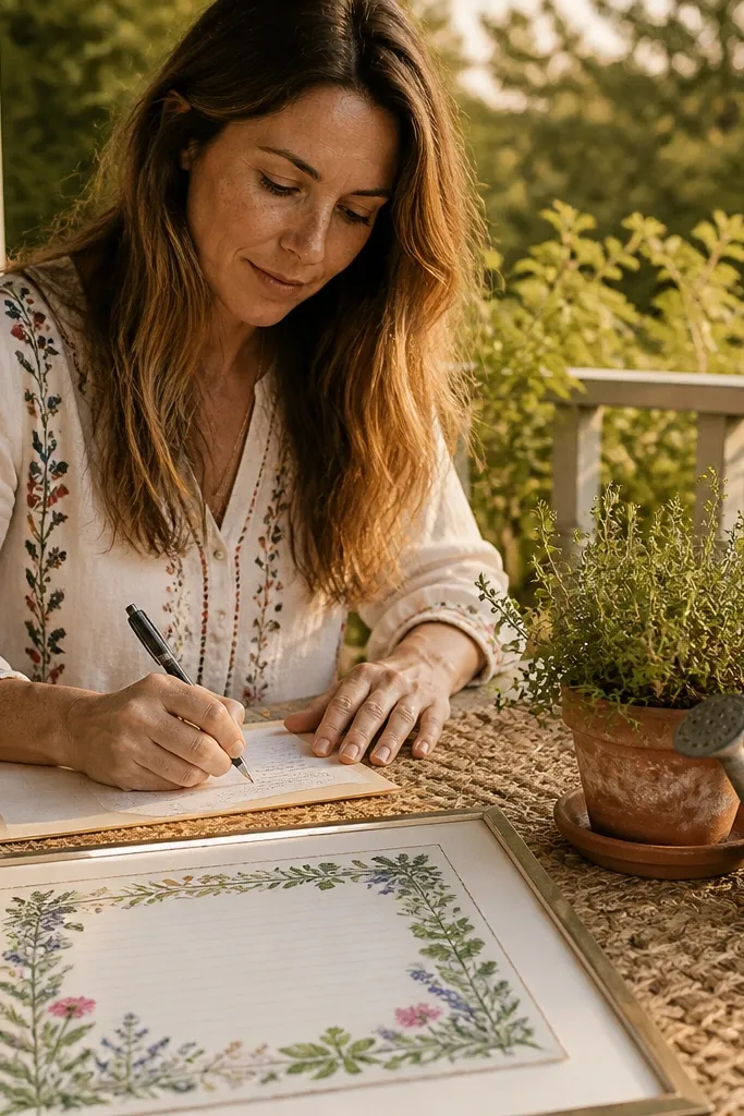 Cream paper with a small cottage garden illustration frame and blank lines