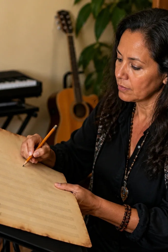 Ivory paper with faint sheet music staff lines and blank note area