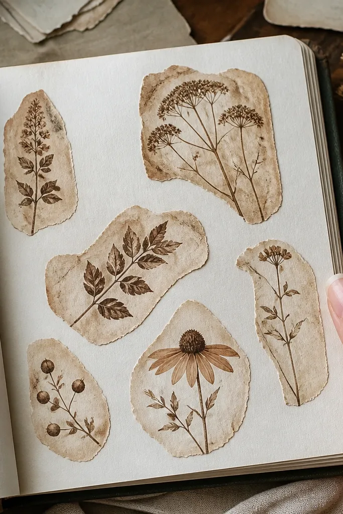 Brown tea-tinted botanical sticker labels with worn edges on a notebook