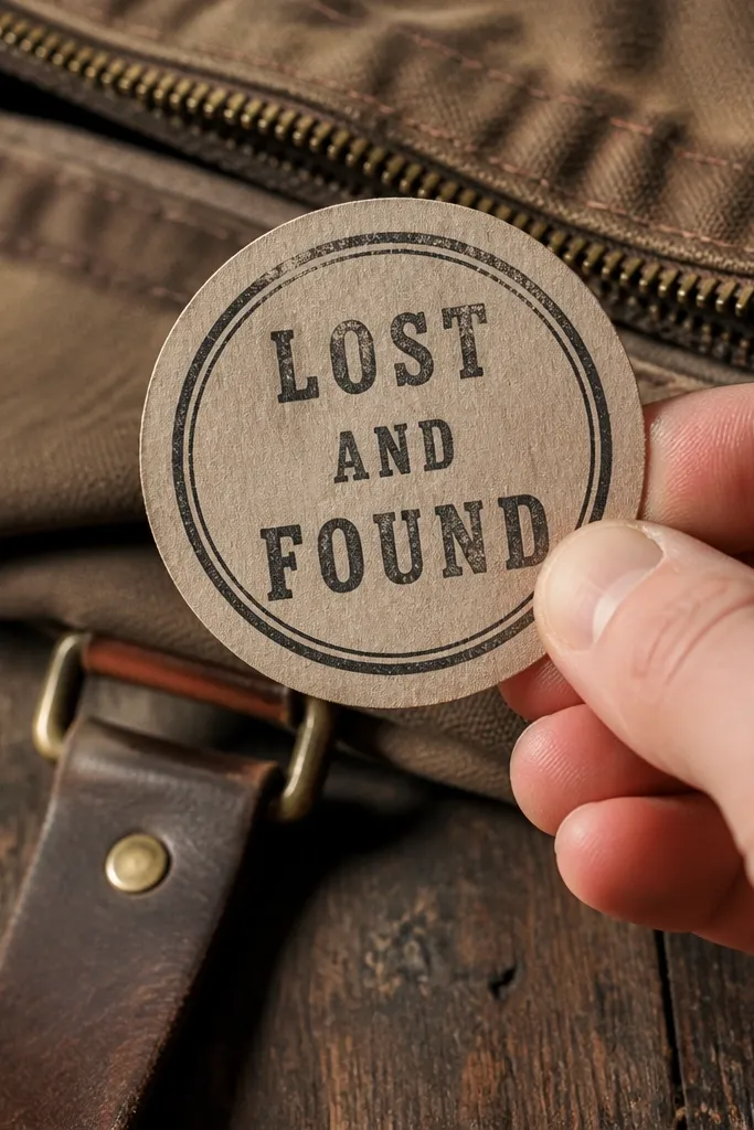 A round stamp-style sticker reading Lost and Found with faded ink