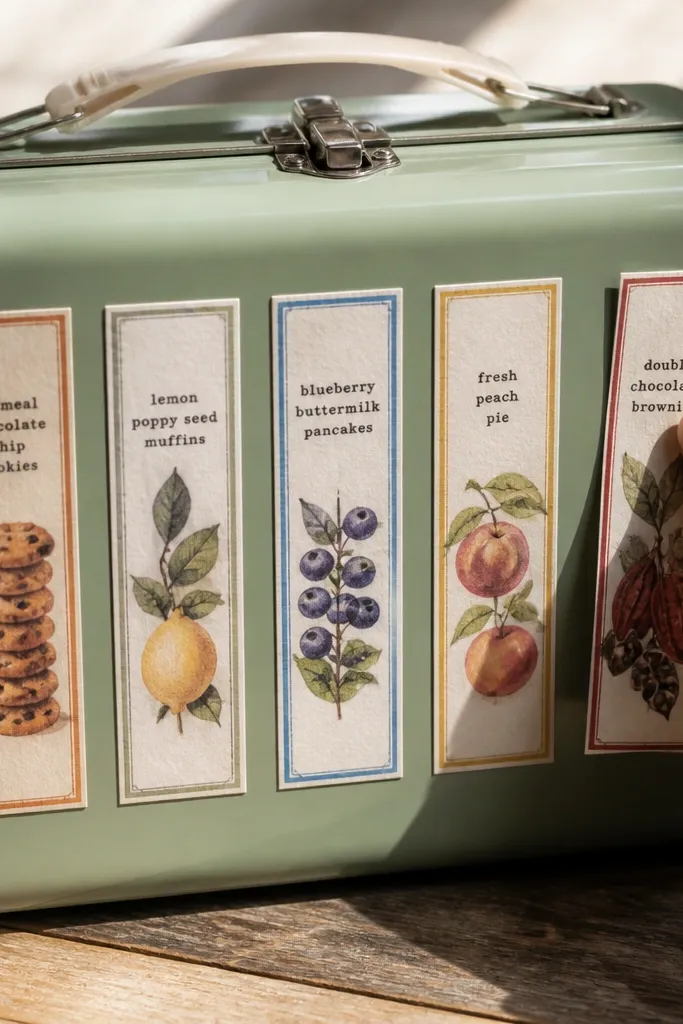 Narrow recipe strip stickers like matchbook labels on a lunchbox