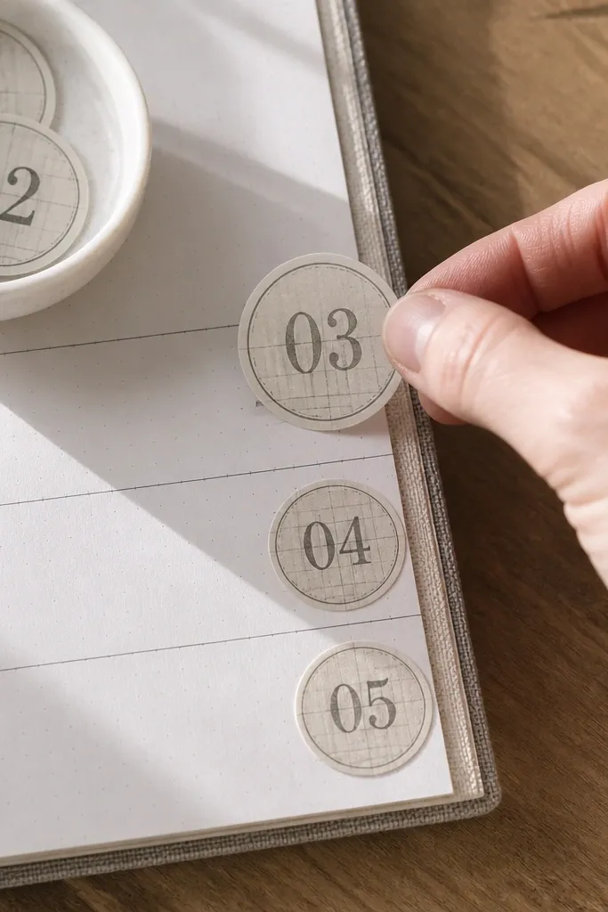 Numbered ledger-style stickers with gray ink and paper texture on a planner
