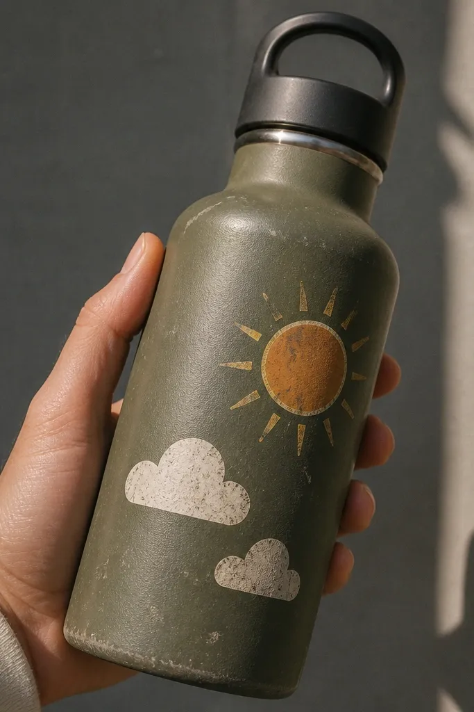 Faded sun and cloud weather stickers with worn ink on a water bottle