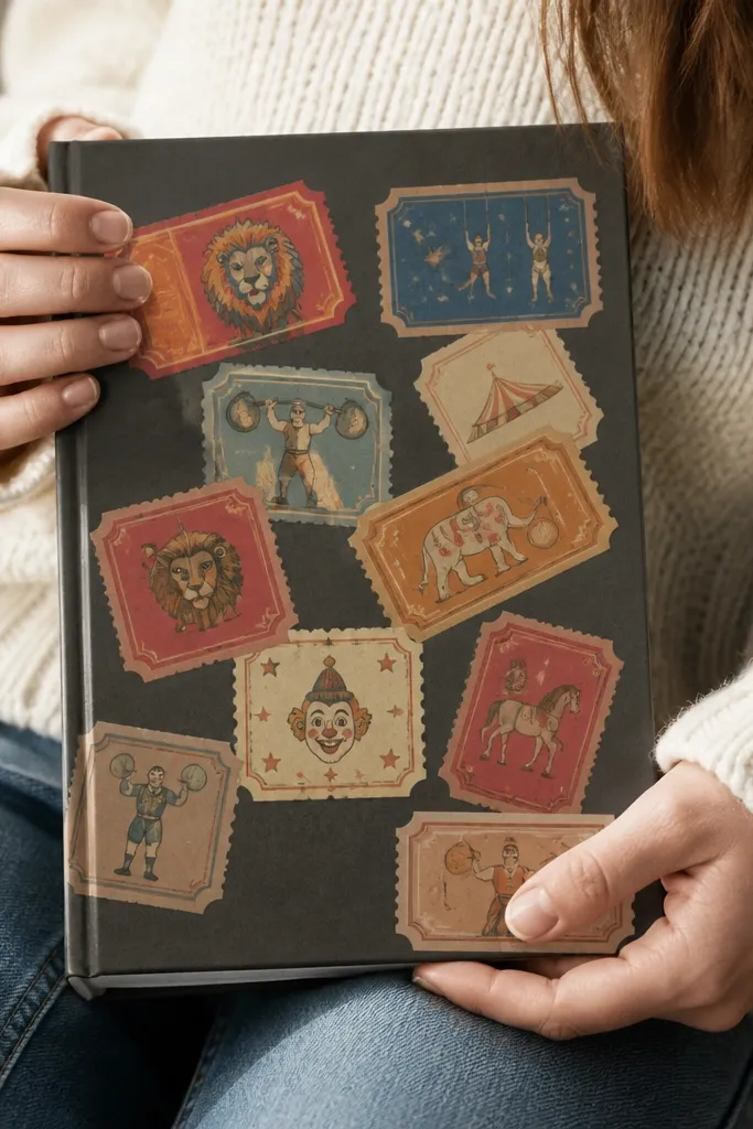 Circus ticket stickers with scalloped tear edges on a notebook cover