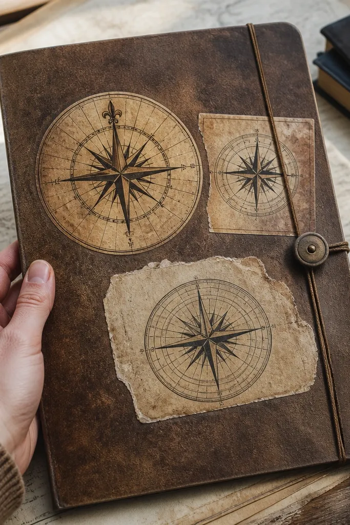 Compass rose map stickers with sepia tint and worn corners on a folder
