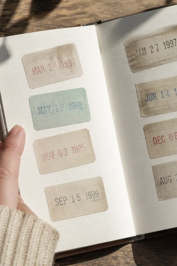 Library due-date rectangle stickers with faded stamps on a planner