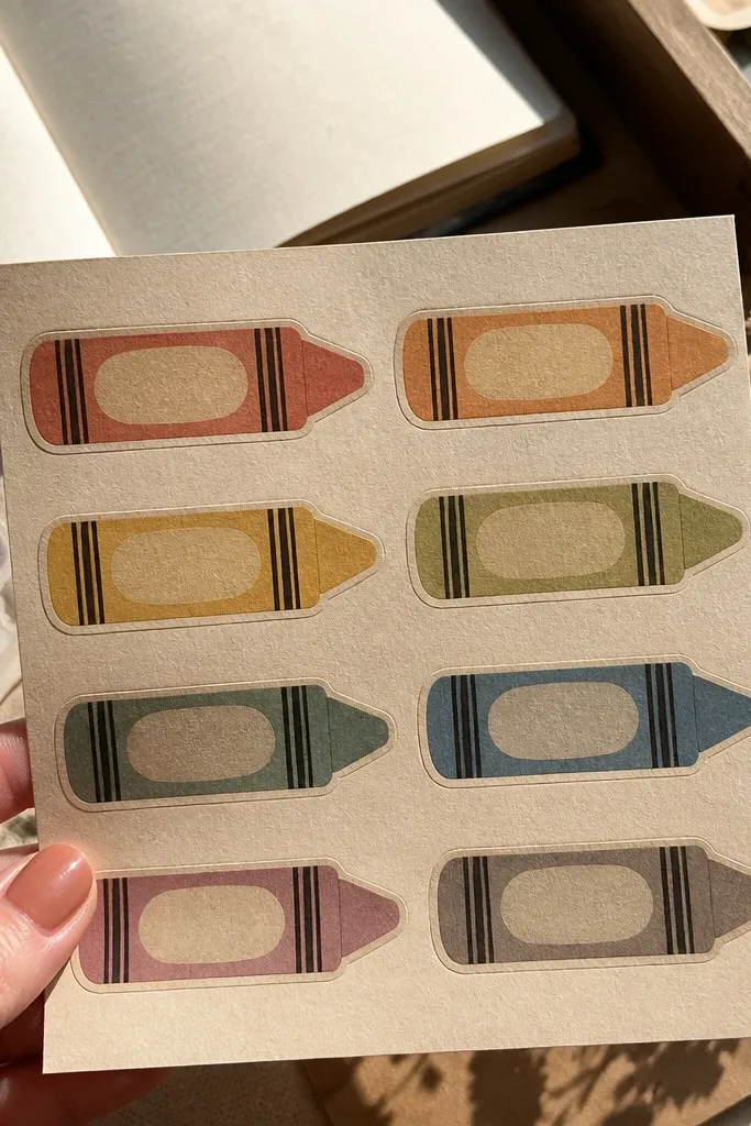 Crayon color label stickers with muted colors and aged paper texture