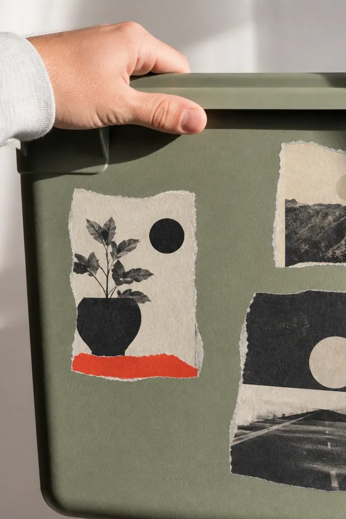 Classified poster style stickers with torn paper edges on a storage bin