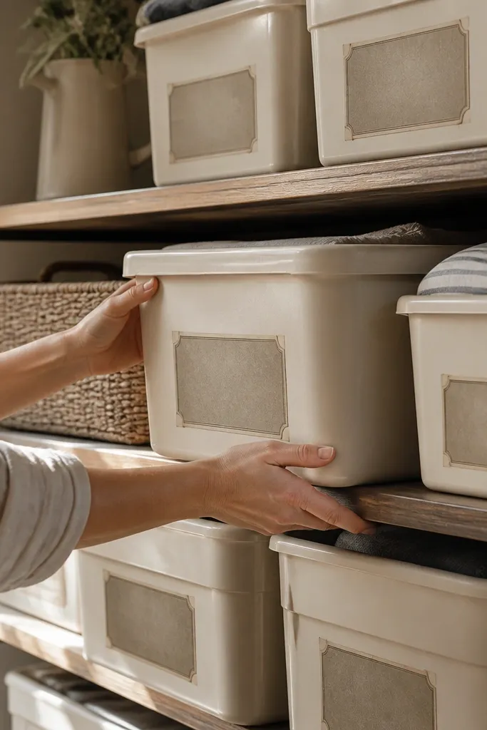Aged label border stickers with muted text blocks on plastic storage bins