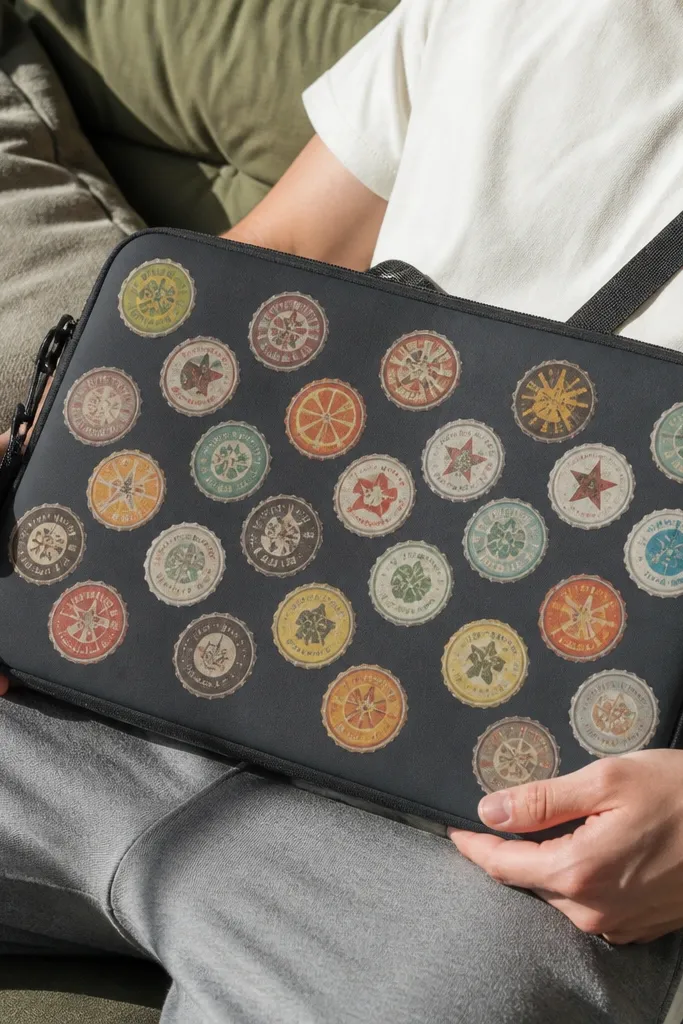 Round bottle cap style stickers with faded brand text on a laptop sleeve