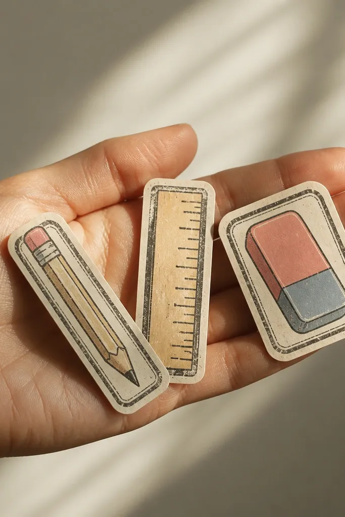 Muted pencil, ruler, and eraser icon stickers with worn stamp borders