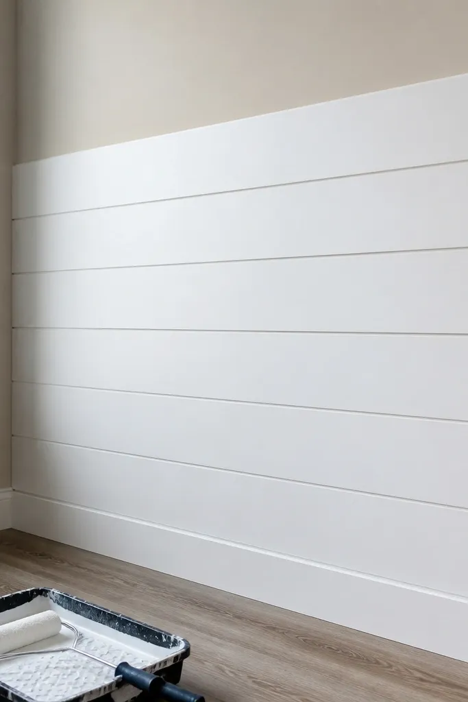 White shiplap panelling across a wall with even horizontal lines