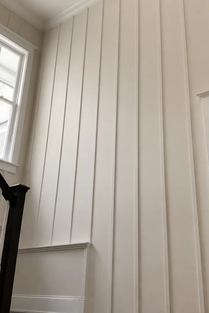 Tall vertical trim strips running from floor near ceiling on a white wall