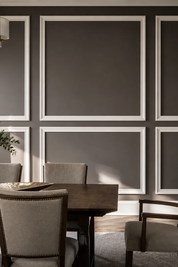 White trim box panels on a darker painted wall field