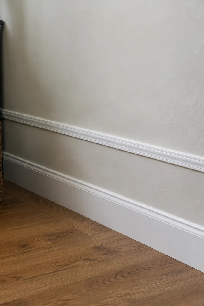 Low wall skirting with matching wall moulding above on a clean painted wall
