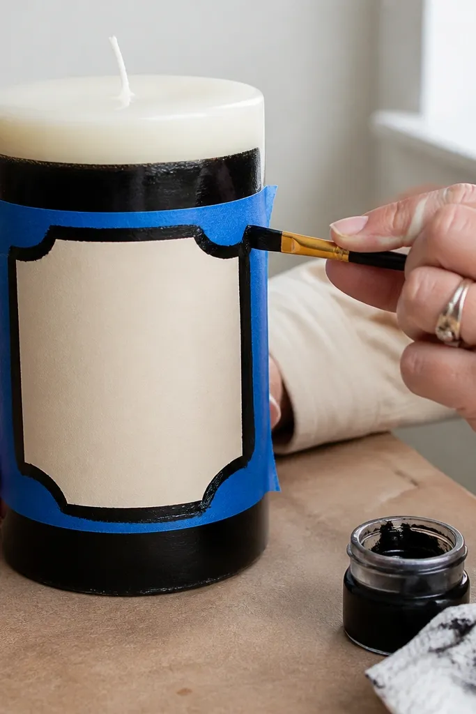 White smooth candle with taped stencil lines and painted stripes