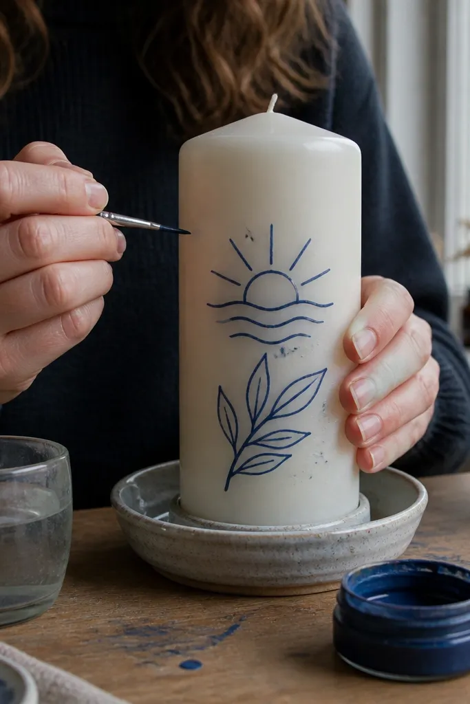 Matte white candle with a simple painted heart drawn in one stroke
