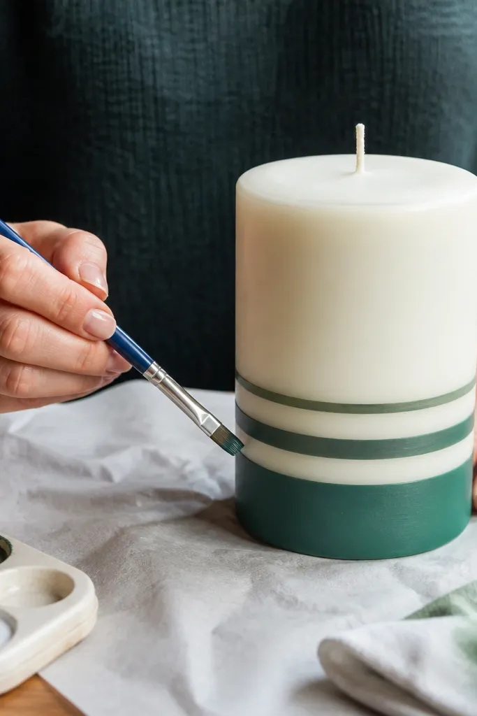 Cream candle with two-tone painted stripes and gentle shading