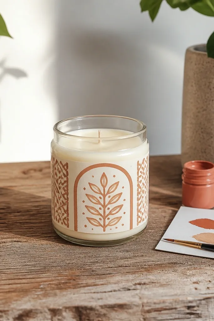 White candle with taped stencil rectangle filled with paint