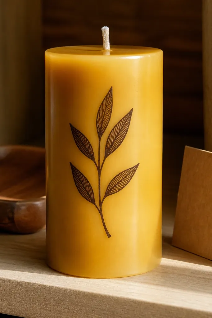 Hard beeswax candle with crisp lettering in alcohol marker ink