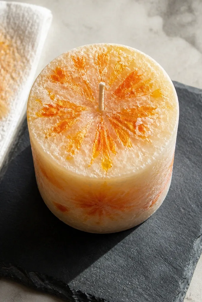 Palm wax candle with a speckled painted pattern using dry-brush strokes