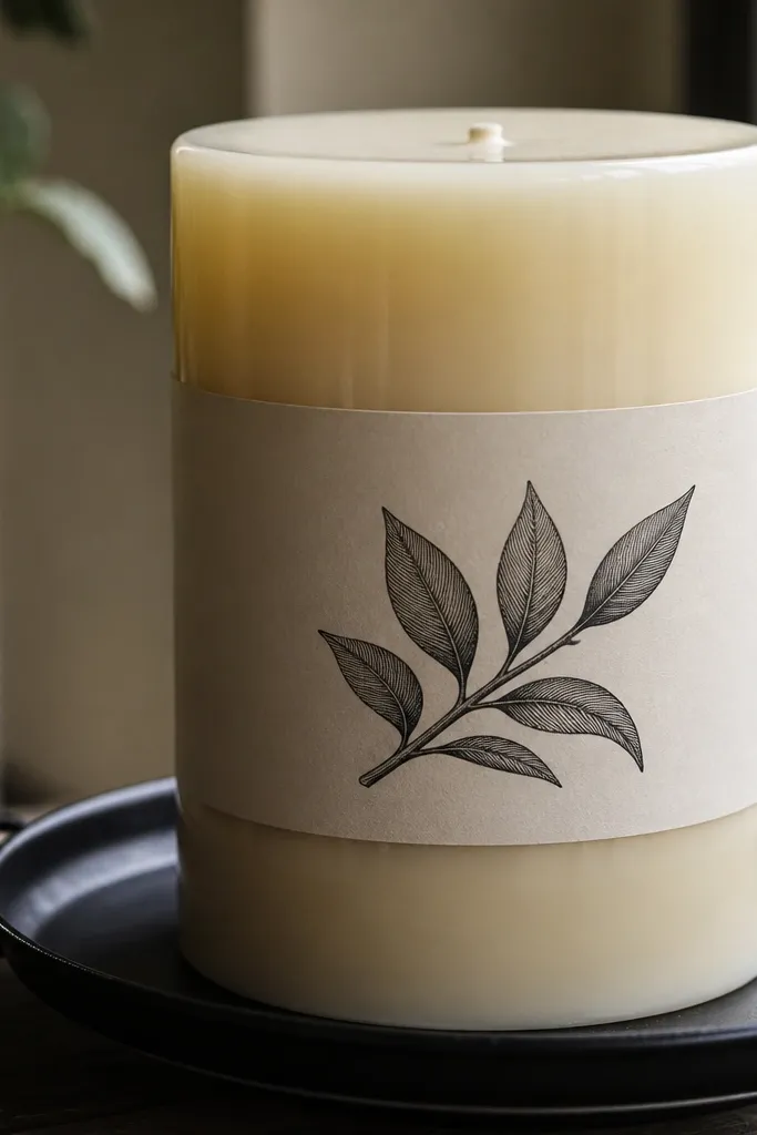 Candle with crisp painted label text and clean edges