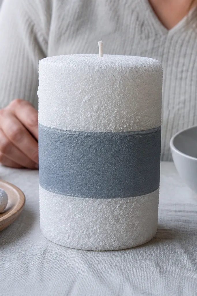 Frosted candle with painted geometric shapes and crisp tape lines