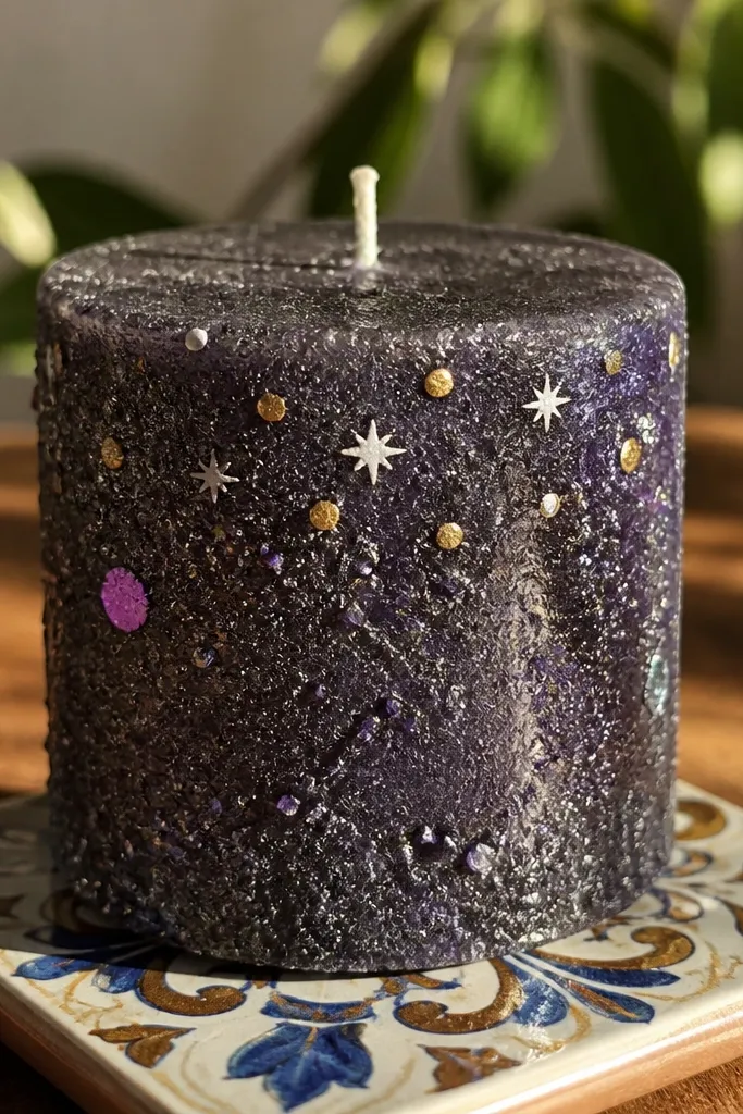 Candle with glitter texture and painted dot highlights
