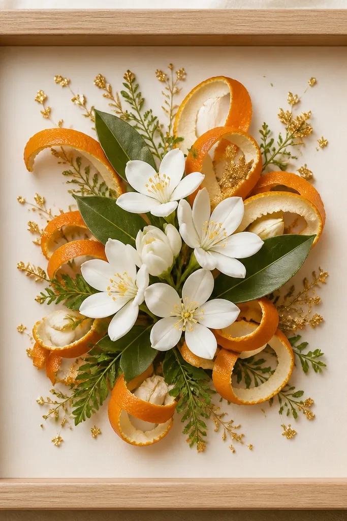 A natural wood frame with a cream backing. Faux orange blossoms sit in the center, surrounded by curled strips of dried orange peel. Small green leaves and gold glitter accents are tucked around the edges.