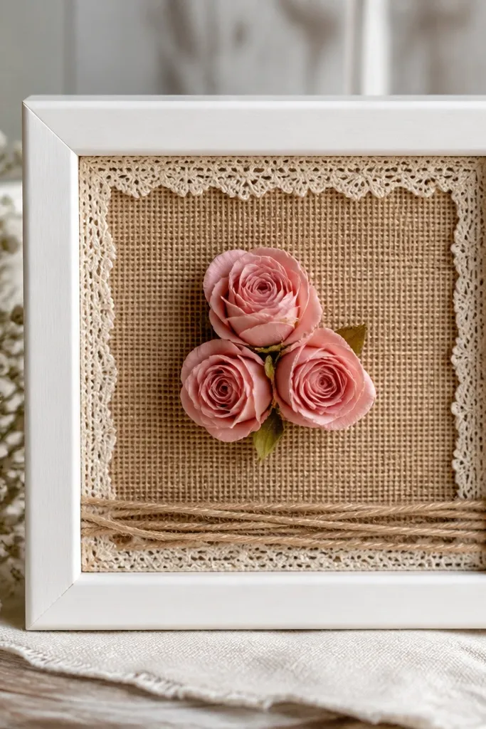 A small white frame with a burlap square mat. Three clustered mini roses in dusty pink sit slightly off-center. Loose twine wraps the lower edge, and a thin strip of lace trims the burlap border.