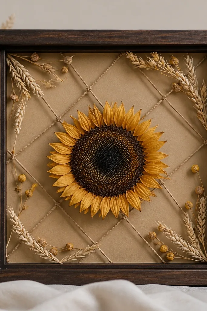 A dark walnut frame with a tan backing. A sunflower head sits in the center, and thin twine lines form a simple lattice behind it. The edges have small dried grass pieces and a few tiny yellow seed pods.