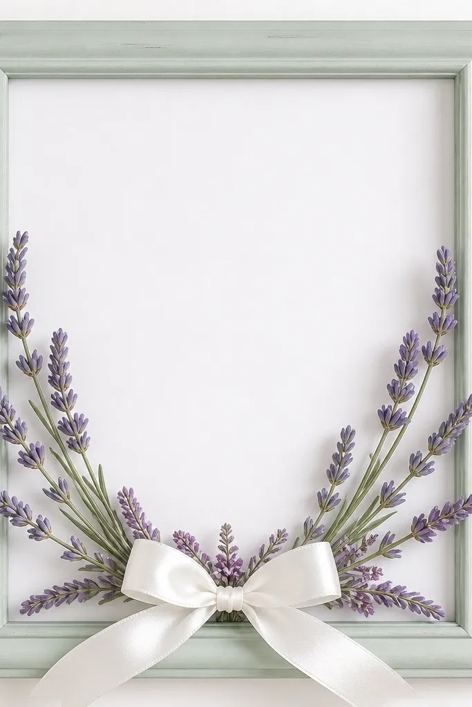 A pale mint frame with a white backing. Several lavender sprigs arc from the bottom corners toward the center. A white satin ribbon bow sits under the sprigs, with tiny purple buds tucked near the ribbon knot.