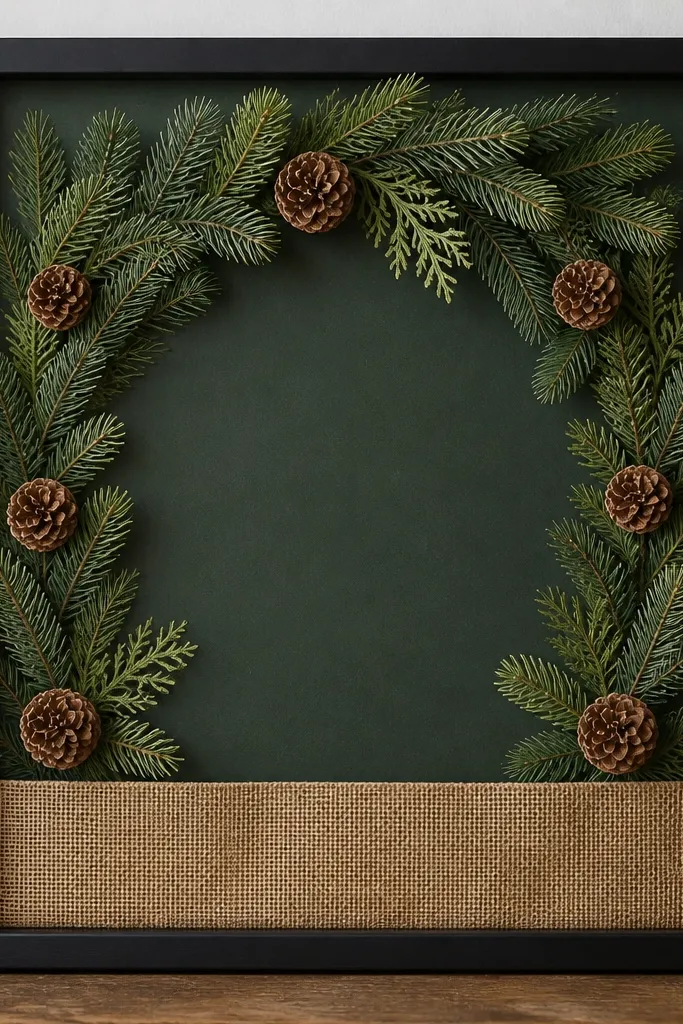 A black frame with a deep green backing. Evergreen faux sprigs form a half-wreath around the top and sides. Small pinecones sit evenly spaced along the border, and a thin strip of burlap wraps the bottom.