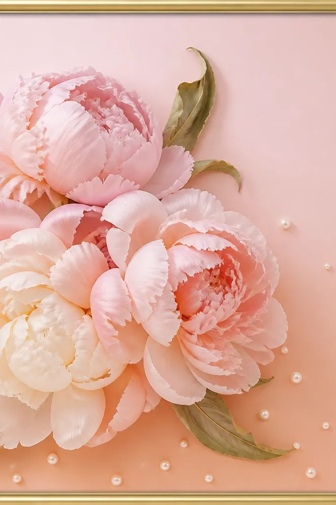 A light gold frame with a soft blush ombre background from pale pink at the top to peach at the bottom. Large silk peony blooms sit clustered at center-left with a few curled leaves. Tiny pearls are scattered near the bloom edges.