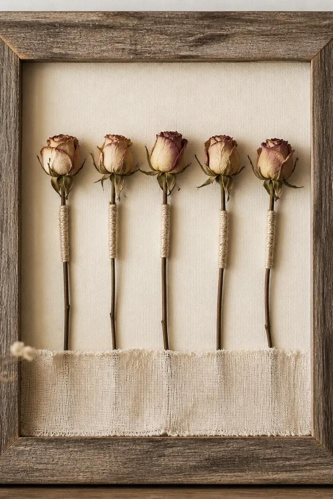 A farmhouse-style frame with a cream backing. Several dried rose buds sit in a vertical line, each stem wrapped with thin cotton twine. The bottom has a small strip of muslin cloth behind the stems.
