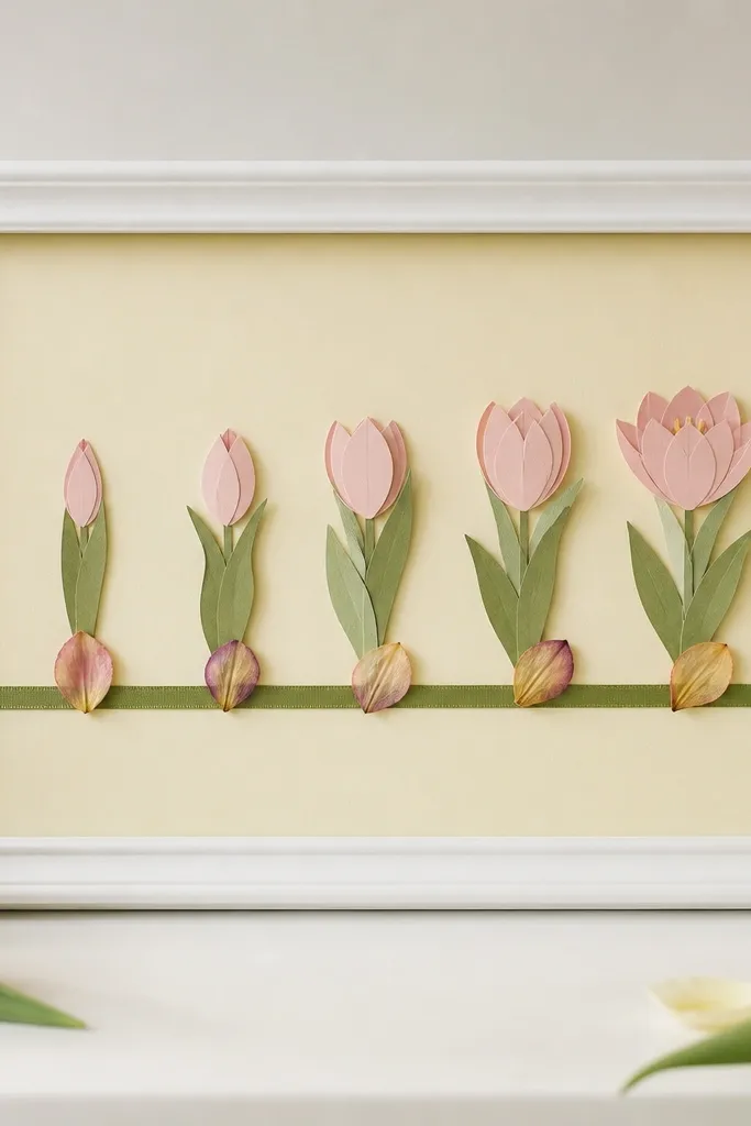 A white frame with a pale yellow mat. Cut-out tulip shapes in layered paper sit like a timeline across the center, with small dried tulip petals tucked at each step. A thin green ribbon runs beneath the row.