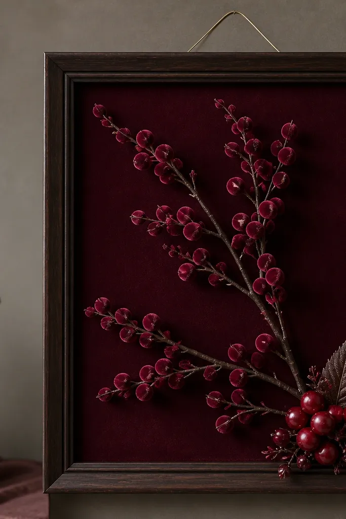 A dark brown frame with a deep burgundy backing. Velvet-looking berry sprigs run diagonally across the frame. A few faux red berries cluster at the lower right, and a thin gold wire loop hangs from the top.