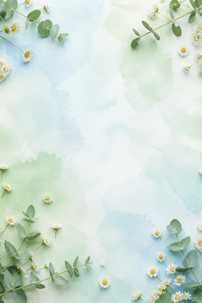 A mint-green frame with a watercolor wash background in pale sky blue and soft green. Tiny faux daisies and mini eucalyptus sprigs sit in a loose cluster. Some sprigs reach toward the corners but leave space in the middle.