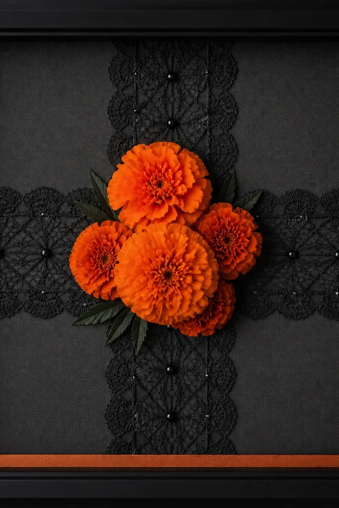 A black frame with a charcoal backing. Black lace forms a cross shape behind orange marigolds clustered at the center. Tiny black beads sit at lace intersections, and a thin strip of orange ribbon runs along the bottom edge.