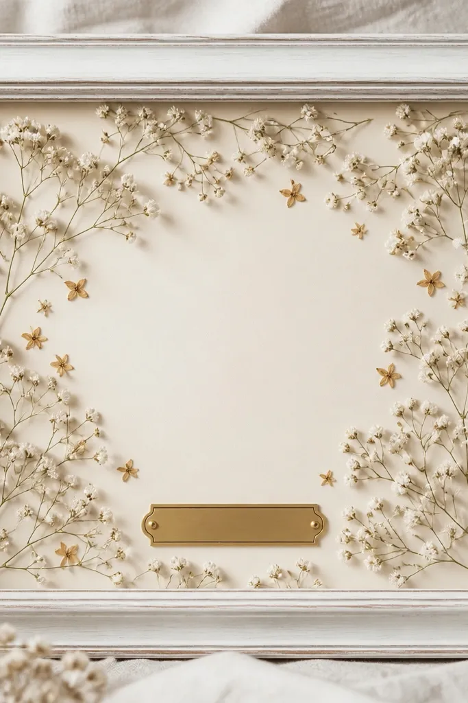 A whitewashed wooden frame with a cream background and a thin gold nameplate in the lower center. Pressed baby's breath forms a soft cloud around the text area. A few tiny dried star-shaped flowers fill the gaps.